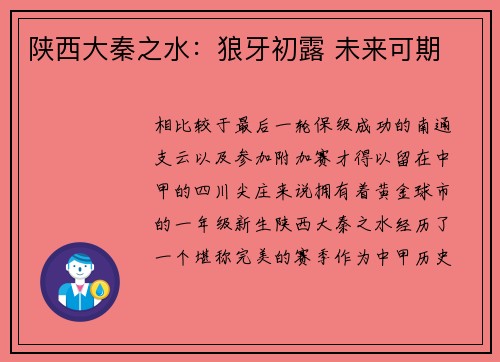 陕西大秦之水:狼牙初露 未来可期